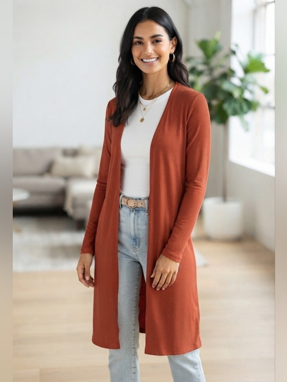Splash Rust Ribbed Open-Side Long Line Cardigan Sz L